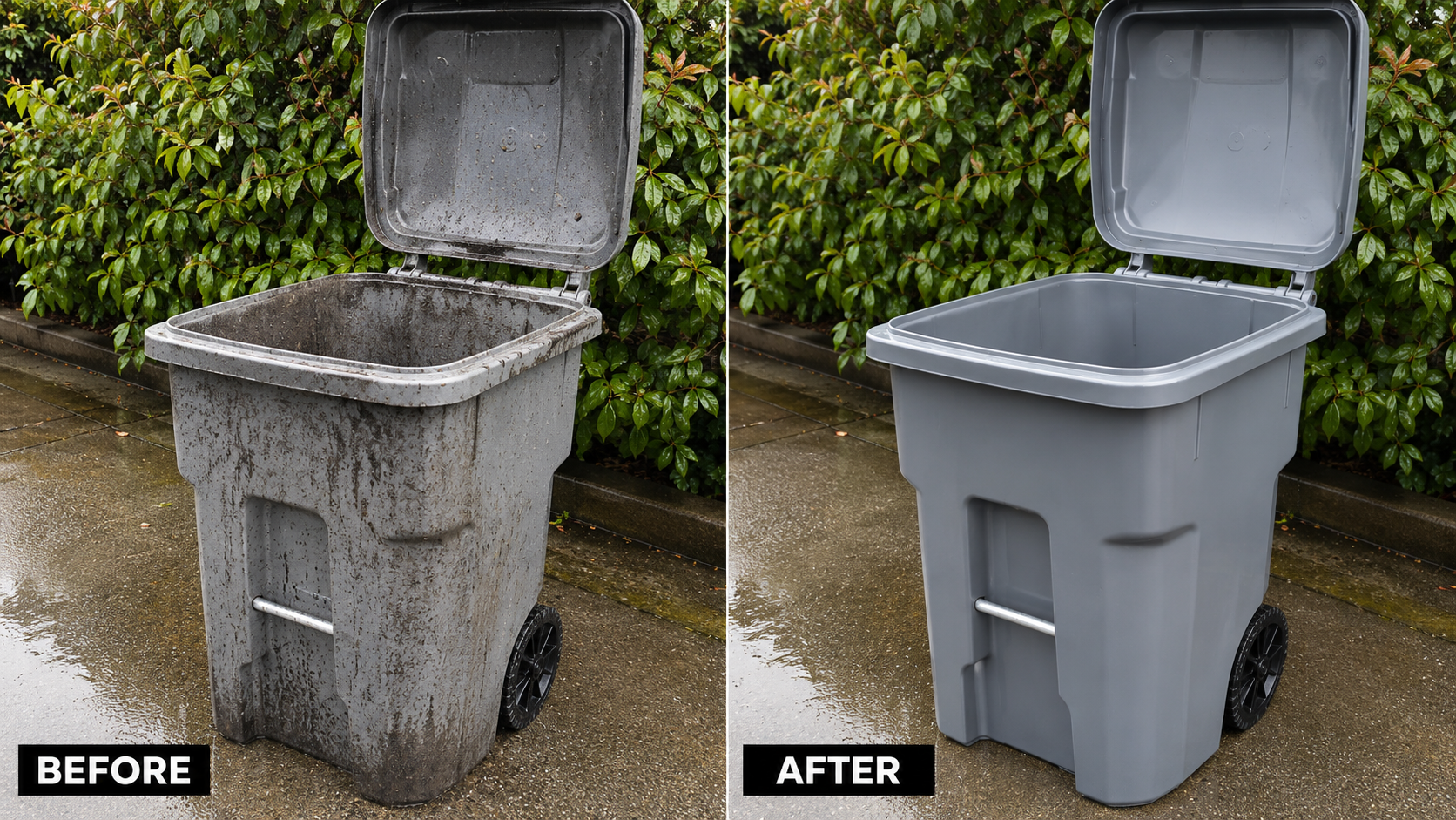 Before and after trash bin cleaning result